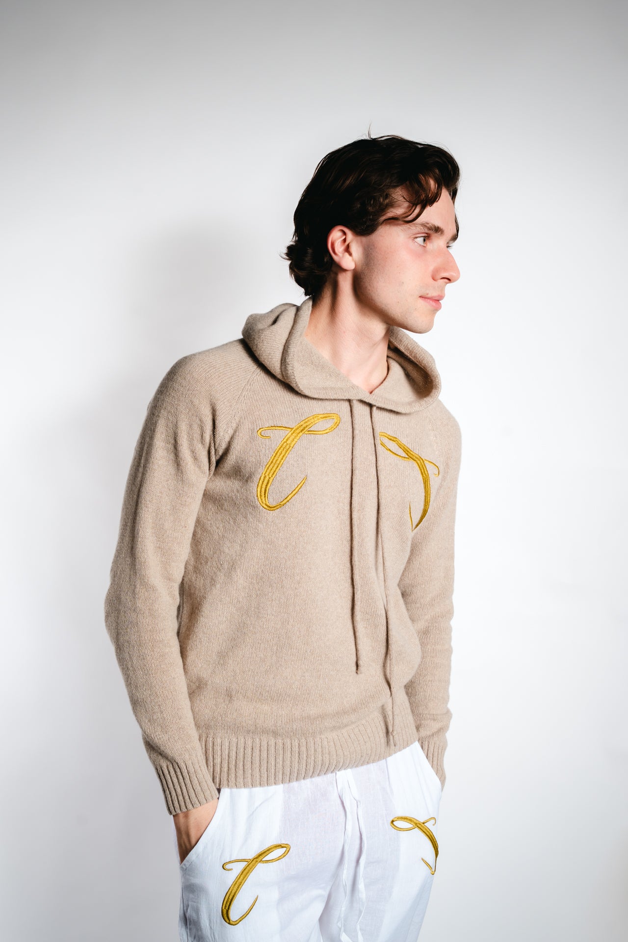 Champagneros Club Sylt - 100% Cashmere Hoodie, Made in Italy - Nature